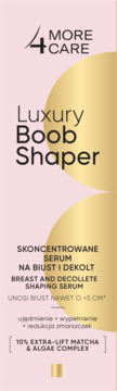 Różowo-złote opakowanie serum Luxury Boob Shaper 4 MORE CARE do biustu i dekoltu, widok z przodu.
