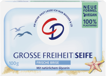 Mydło CD Grosse Freiheit Seife, świeża bryza. Biało-niebieska kostka z logo, 100g, vegan, bez plastiku.