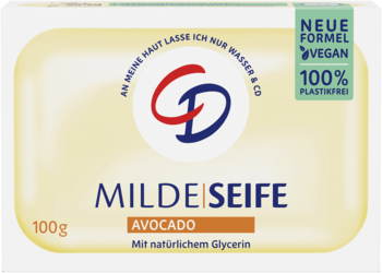 Jasnożółte mydło CD Milde Seife Avocado, 100g, wegańskie i bez plastiku, widok z przodu.