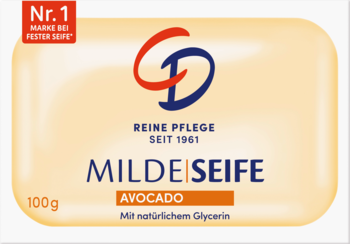 CD mydło w kostce Awokado 100g, kremowa kostka z logo CD, napisem Milde Seife i "Nr. 1", z gliceryną.
