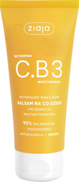 Żółta tubka balsamu Ziaja Naturalnie Nawilżamy C.B3 Niacynamid, na co dzień, 95% naturalne składniki, widok z przodu.