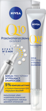 NIVEA Q10 Serum Przeciwzmarszczkowy w białej tubce i pudełku, z widocznym aplikatorem i złotym logo Q10.