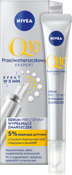 NIVEA Q10 Serum Przeciwzmarszczkowy w białej tubce i pudełku, z widocznym aplikatorem i złotym logo Q10.