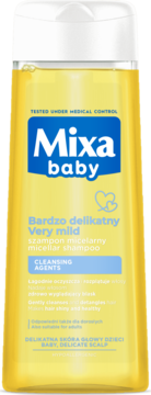 Żółty szampon Mixa Baby Very Mild do delikatnej skóry dzieci, widok z przodu butelki z niebieskim logo.