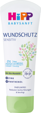 HiPP Babysanft Wundschutz Sensitiv, biała tuba z zieloną nakrętką, krem z cynkiem, bezzapachowy, widok z przodu.