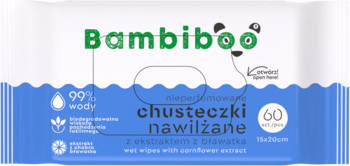 Bambiboo chusteczki nawilżane 99% wody, biodegradowalne, 60 sztuk, opakowanie z przodu, biało-niebieskie.