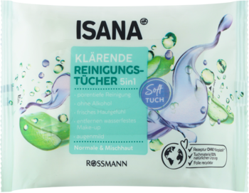 Białe opakowanie chusteczek ISANA 5w1, do demakijażu cery normalnej i mieszanej, widok z przodu, zielono-fioletowy wzór.