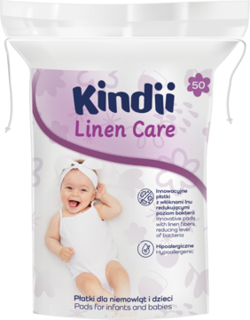 Białe opakowanie płatków kosmetycznych Kindii Linen Care dla niemowląt, z lnem, 50 sztuk.
