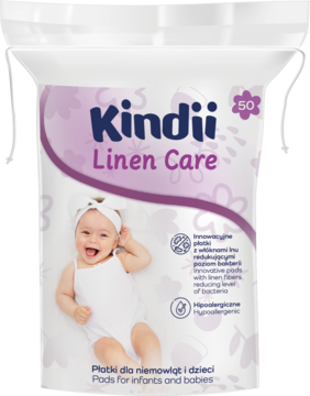 Białe opakowanie płatków kosmetycznych Kindii Linen Care dla niemowląt, z lnem, 50 sztuk.