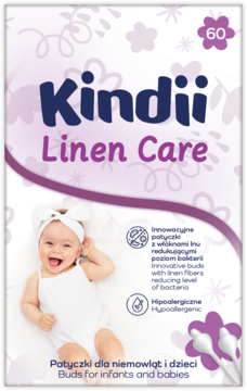 Opakowanie patyczków Kindii Linen Care, 60 sztuk, dla niemowląt, z lnem. Biało-fioletowe pudełko z dzieckiem.