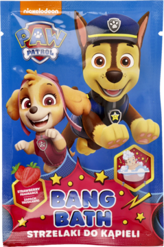 Saszetka Paw Patrol BANG BATH, truskawkowe strzelaki do kąpieli. Niebieska, z Chase i Skye.