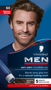 Schwarzkopf MEN Anti-Grey Coloring Gel 60 Medium Brown. Uśmiechnięty mężczyzna z brązowymi włosami i aplikator, front.