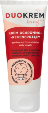 DUOKREM baby krem ochronno-regenerujący w białej tubce z czerwoną etykietą i rysunkiem niemowlaka, widok frontalny.