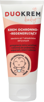 DUOKREM baby krem ochronno-regenerujący w białej tubce z czerwoną etykietą i rysunkiem niemowlaka, widok frontalny.