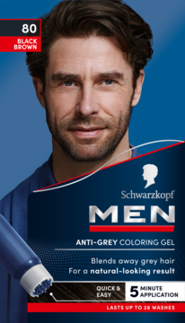 Schwarzkopf Men 80 Black Brown anti-grey coloring gel. Dark blue packaging, smiling male model.