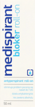 Antyperspirant Medispirant bloker roll-on 50 ml w białym opakowaniu z pionowym niebieskim napisem, widok frontalny.