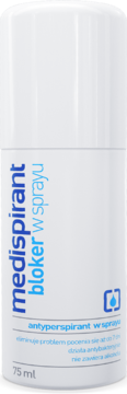 Antyperspirant Medispirant bloker w sprayu 75ml, biała butelka, niebieskie napisy, ujęcie z przodu.