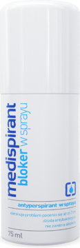 Antyperspirant Medispirant bloker w sprayu 75ml, biała butelka, niebieskie napisy, ujęcie z przodu.