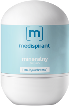 Medispirant mineralny roll-on, biała butelka z błękitnym paskiem, logo i napisem, widok z przodu, dla skóry wrażliwej.