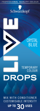 Niebieskie opakowanie Schwarzkopf LIVE Drops Crystal Blue, tymczasowe krople do koloryzacji włosów, przód.