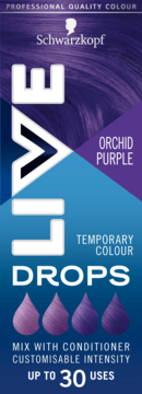 Opakowanie Schwarzkopf LIVE Colour Drops Orchid Purple, tymczasowa farba, gradient fiolet-niebieski, krople pigmentu.