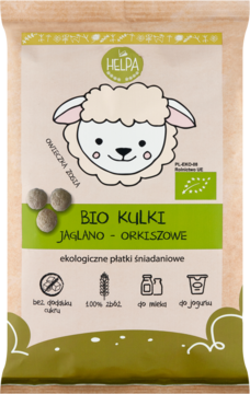 Opakowanie Helpa BIO KULKI JAGLANO-ORKISZOWE, ekologicznych płatków bez cukru, z owieczką, widok z przodu.