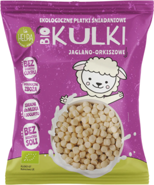 Fioletowe opakowanie płatków BIO KULKI JAGLANO-ORKISZOWE bez cukru, z grafiką owieczki i miską białych kulek.