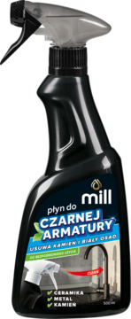 Mill Clean płyn do czyszczenia czarnej armatury, czarna butelka spray 500ml, widok z przodu, usuwa kamień i osad.
