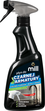 Mill Clean płyn do czyszczenia czarnej armatury, czarna butelka spray 500ml, widok z przodu, usuwa kamień i osad.