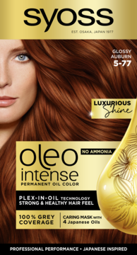 Syoss Oleo Intense farba do włosów 5-77 Glossy Auburn, opakowanie z modelką i olejkiem, bez amoniaku, 100% krycia.