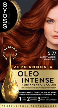 Farba SYOSS Oleo Intense 5_77 Glossy Auburn, trwała, olejowa, bez amoniaku, widok z przodu opakowania.