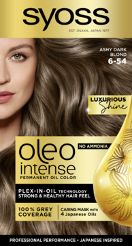 Syoss Oleo Intense farba do włosów, odcień Ashy Dark Blond 6-54, bez amoniaku, widok z przodu opakowania.