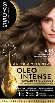 Farba SYOSS Oleo Intense 6_54 Cool Dark Blond. Pudełko z kobietą i olejkiem, widok z przodu.