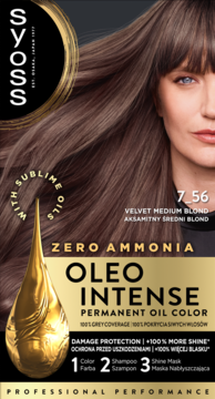 Farba SYOSS Oleo Intense 7_56 Velvet Medium Blond, bez amoniaku, z olejkami. Widok z przodu opakowania.