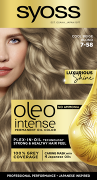 Farba Syoss Oleo Intense 7-58 Chłodny Beżowy Blond. Opakowanie z modelką, olejkowa butelka, bez amoniaku.