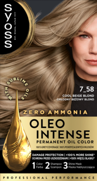 Syoss Oleo Intense 7_58 chłodny beżowy blond farba do włosów bez amoniaku, widok z przodu.