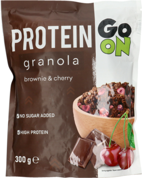 Go On Protein Granola brownie & cherry, 300g, w brązowej torebce z grafiką miski, czekolady i wiśni.
