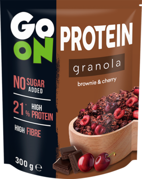 Granola Go On Protein Brownie Wiśnia, brązowo-czarna torebka, widok z przodu, wiśnie i czekolada.
