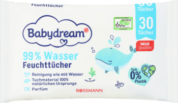Wilgotne chusteczki Babydream 99% wody, 30 sztuk, białe opakowanie z wielorybem, bez plastiku. Widok z przodu.