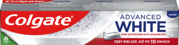 Colgate Advanced White pasta wybielająca z baking soda i ash, czerwono-białe opakowanie, widok przód.