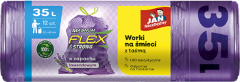 Fioletowe worki na śmieci Magnum Flex & Strong 35L, 12 sztuk, o zapachu lawendy, przód opakowania.