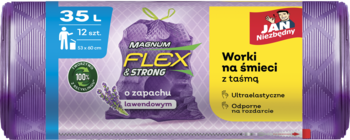 Front opakowania worków na śmieci Jan Niezbędny Magnum Flex & Strong 35L, fioletowych, lawendowych.