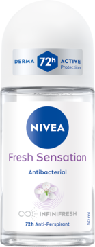 NIVEA Fresh Sensation roll-on, 50ml, biały, 72h Derma Active, formuła INFINIFRESH, widok z przodu.