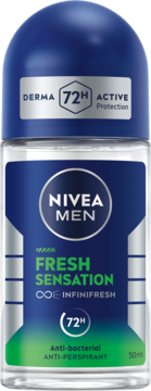 NIVEA MEN Fresh Sensation, 72h antyperspirant roll-on 50ml, widok z przodu, niebiesko-zielona etykieta INFINIFRESH.