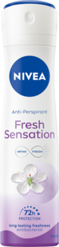 Biały antyperspirant NIVEA Fresh Sensation w sprayu z nutą kwiatową, 72h ochrona. Fioletowe akcenty, widok frontalny.