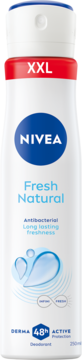 Dezodorant NIVEA Fresh Natural XXL 250ml w białej butelce z niebieskim logo i napisem 48h protection, widok z przodu.