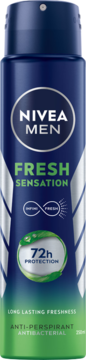 Ciemnoniebieski antyperspirant NIVEA MEN Fresh Sensation w sprayu, z zielonym napisem i logo 72h PROTECTION, widok z przodu.
