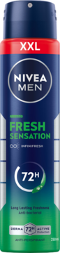 NIVEA MEN Fresh Sensation XXL antyp. 72H, ciemnoniebieska puszka z zielonym spodem i czerwonym paskiem, widok z przodu.