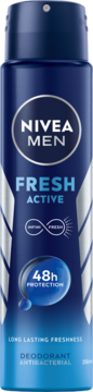 NIVEA MEN Fresh Active dezodorant, ciemnoniebieski spray, widok z przodu. 48h ochrona, formuła INFINIFRESH.