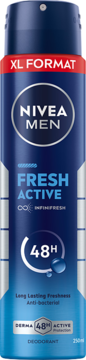 NIVEA MEN Fresh Active dezodorant, niebieski spray XL FORMAT z 48h ochroną, logo INFINIFRESH, widok z przodu.